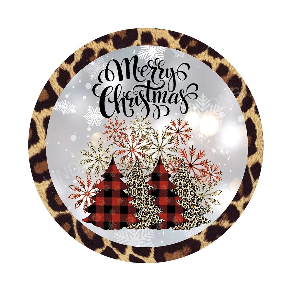 Leopard Merry Christmas Tree Wreath Metal Sign, 12"x12", New, Holiday Decoration